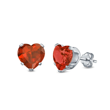 Heart Stud Earrings Simulated Garnet CZ 925 Sterling Silver (4mm-8mm)